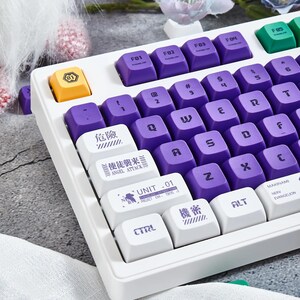 May include: A white keyboard with purple keycaps and white keycaps with Japanese text. The keyboard has a white frame and a white base. The keyboard is on a white surface with a purple and green flower in the background.
