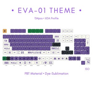 May include: A keyboard keycap set with a purple and white color scheme. The keycaps feature a design inspired by the anime series Neon Genesis Evangelion. The set includes 134 keycaps and is made of PBT material with dye-sublimation printing. The keycaps are in the XDA profile and are compatible with ISO layouts.