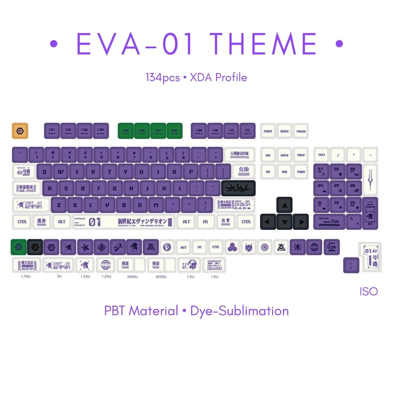 May include: A keyboard keycap set with a purple and white color scheme. The keycaps feature a design inspired by the anime series Neon Genesis Evangelion. The set includes 134 keycaps and is made of PBT material with dye-sublimation printing. The keycaps are in the XDA profile and are compatible with ISO layouts.