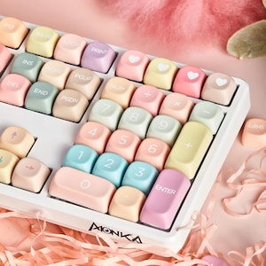 May include: A pastel-colored keyboard with heart-shaped keys. The keyboard has a white frame and the keys are in various shades of pink, blue, green, and yellow. The keyboard is labeled "MONKA" in black letters.
