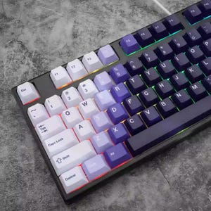 Può includere: Una tastiera meccanica bianca e nera con un set di tasti sfumati viola, blu e nero. La tastiera ha un layout standard con tasti funzione, tasti numerici e una barra spaziatrice. I tasti sono retroilluminati con un effetto arcobaleno.