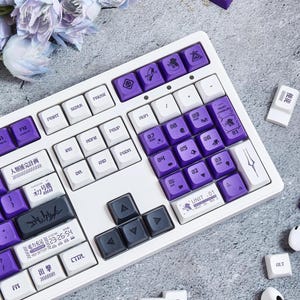 May include: A white mechanical keyboard with purple keycaps featuring Japanese text and symbols. The keyboard has a white and black color scheme and includes arrow keys and function keys. The keyboard is on a gray surface with several purple keycaps scattered around it.