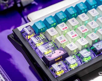 May include: A close-up of a custom keyboard with a black frame and colourful keycaps. The keycaps have a variety of designs, including a chequered flag, a pink pig, and a green tick. The keyboard is lit up with a rainbow of colours.
