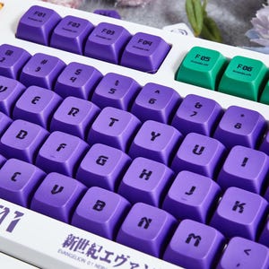 May include: Purple and green keyboard with the text "新世紀エヴァンゲリオン" and "EVANGELION 01 NERV" printed on the space bar.