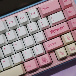 May include: A close-up of a mechanical keyboard with white and pink keycaps. The keyboard has a light blue frame. The word "Flower" is printed on a pink keycap, and other keys have floral designs.