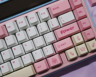 Cute Pink Bear Flower Shop Theme Keycaps Set for Mechanical Keyboard, Artisan Keycaps, Kawaii Keycaps, PBT Dye-Sub, Cherry Profile, 143pcs