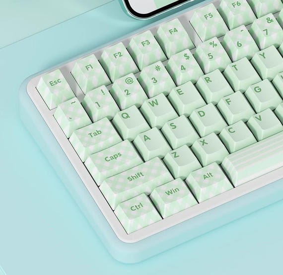 Cute Green Matcha Mint Plaid Keycaps Set for Mechanical Keyboard, Artisan Keycaps, PBT Dye-Sub, Cherry Profile, Mx(+)Switches, 129pcs