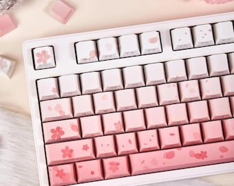 Pink Gradient Cherry Blossom Keycap Set for Mechanical Keyboard, Cute Keycaps, Backlit Keycaps, OEM Profile, PBT Dye-Sub, 133pcs