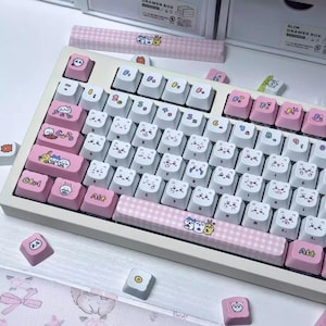 Cute Pink Chiikawa Theme Artisan Keycaps Set for Mechanical Keyboard, Cat Shaped Keycaps, PDA Profile, PBT Dye-Sub, Mx(+)Switches, 137pcs