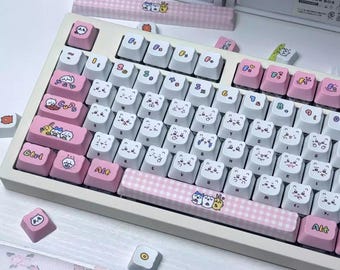 Cute Pink Chiikawa Theme Artisan Keycaps Set for Mechanical Keyboard, Cat Shaped Keycaps, PDA Profile, PBT Dye-Sub, Mx(+)Switches, 137pcs
