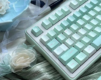 Cute Green Floral Matcha PBT Keycaps Set for Mechanical Keyboard, Artisan Keycaps, Cherry Profile, PBT Dye-Sub, Mx(+)Switches, 133pcs