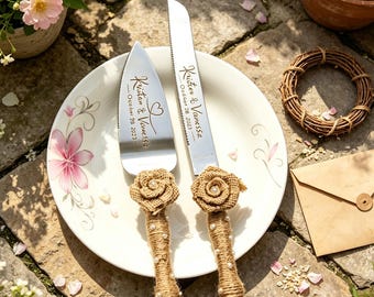 Custom Engraved Rustic Wedding Cake Knife & Server Set, Handmade Burlap Rose