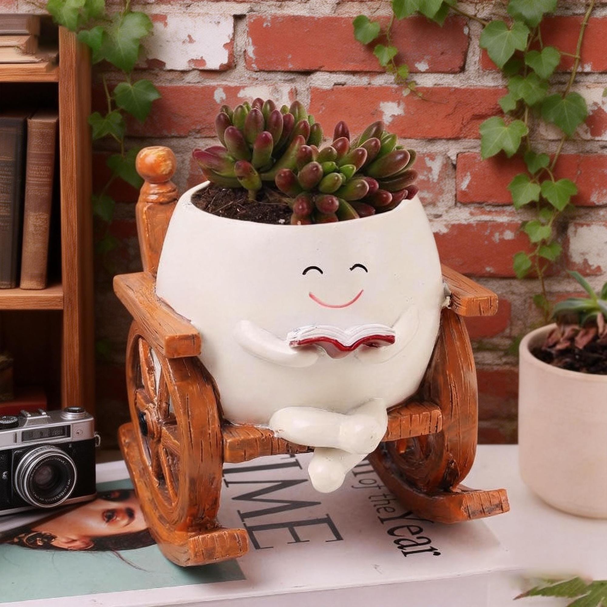 Graziosa fioriera a dondolo con faccina sorridente, vaso per piante