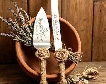 Custom Engraved Rustic Wedding Cake Knife & Server Set, Handmade Burlap Rose