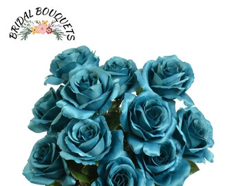 Teal Roses, Artificial Teal Roses, Teal Roses Bunch, 12 Open Teal Roses, Wedding DIY Rose, 4" Diameter,  Teal Fake Flowers