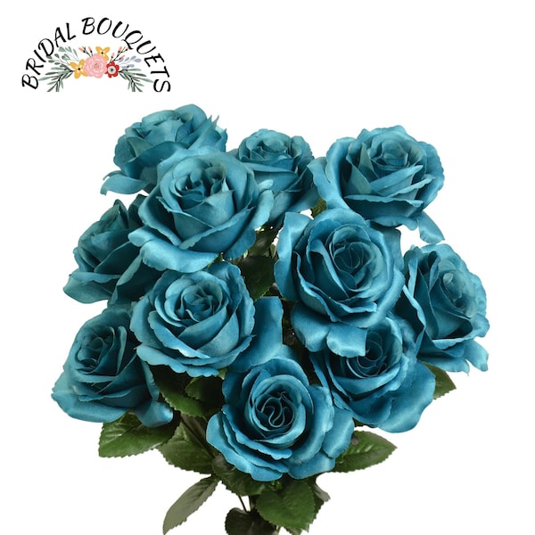 Teal Roses, Artificial Teal Roses, Teal Roses Bunch, 12 Open Teal Roses, Wedding DIY Rose, 4" Diameter,  Teal Fake Flowers