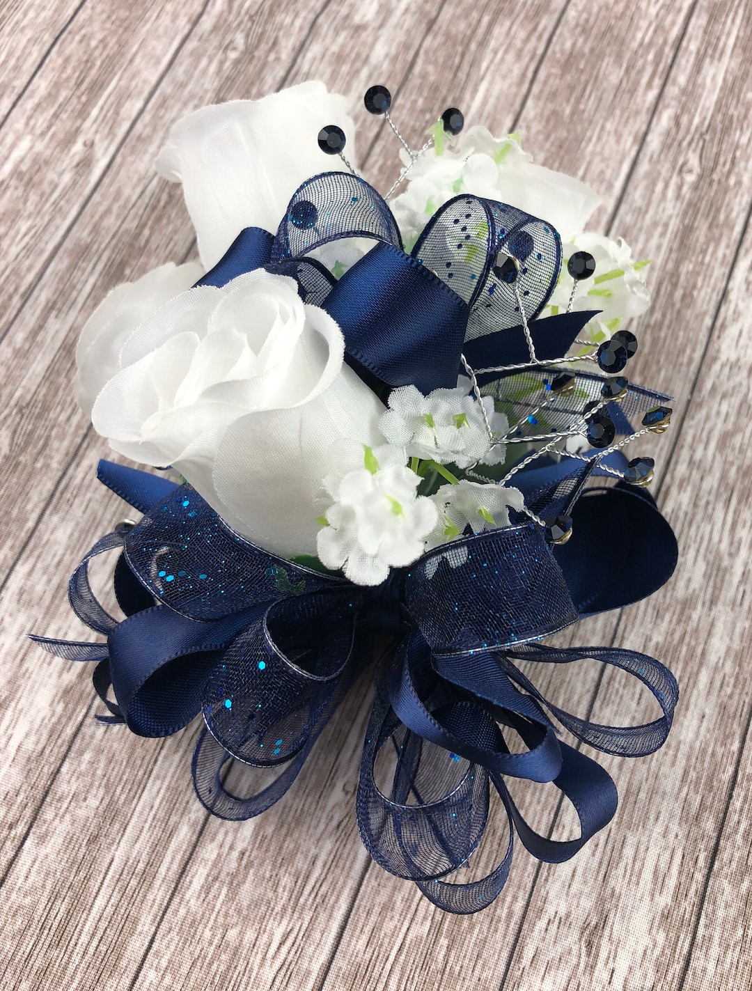 corsage navy blue dress Navy Blue and White Wrist Corsage and Boutonniere Set by The Purple Orchid