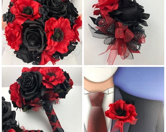 New Artificial Red Anemone and Black Rose Wedding Bouquet,  Black Baby's Breath, Black Roses and Red Anemone Bridal Bouquet