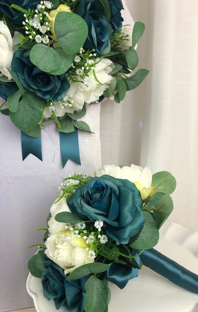 Teal Brides Bouquet Teal Roses White Peony Bouquet Peacock Bridal Bouquets Teal and White Wedding Flowers Teal Bridal Bouquet Medium Teal Bouquet