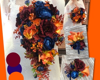 Bridal Bouquet Set of Fall Wedding with Navy Bridal Flowers, Rustic Theme Navy Burgundy Orange Wedding Bouquet with Berries and Fall Leaves