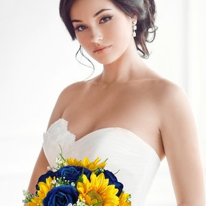 Royal Bride's Bouquet Sunflowers and Royal Blue Roses Wedding Flowers Royal and Sunflower Country Charm Bridesmaid Bouquets Blue Bouquet