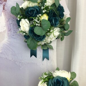 Teal Brides Bouquet Teal Roses White Peony Bouquet Peacock Bridal Bouquets Teal and White Wedding Flowers Teal Bridal Bouquet image 3