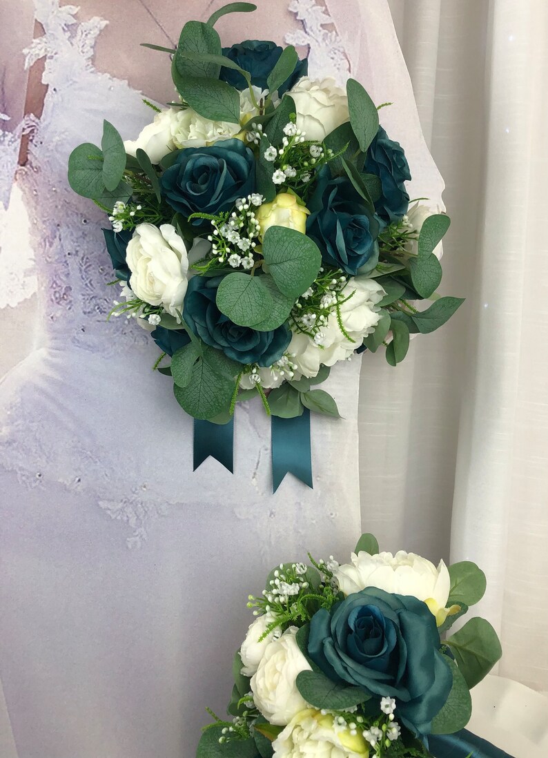 Teal Brides Bouquet Teal Roses White Peony Bouquet Peacock Bridal Bouquets Teal and White Wedding Flowers Teal Bridal Bouquet image 3