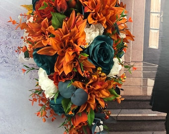 Artificial Rust and Teal Bridal Flowers, Orange and Teal Bridal Bouquets, Burnt Orange and Teal Wedding Flowers