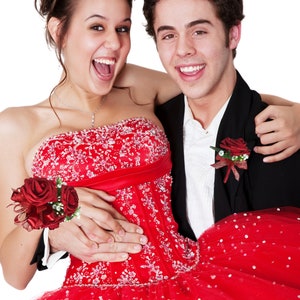 New Artificial Red Black Prom Flowers, Red Rose Foam Mother's Corsage, Red Black Boutonniere