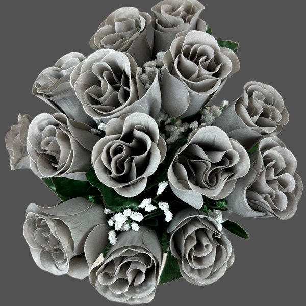 Gray Rosebuds Fake Gray Rose Bunch 14 Grey Rose Buds for Wedding Arrangements Gray Roses for Home Decor Roses Grey Faux Rose Buds