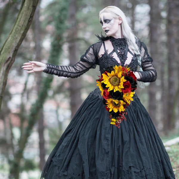 Black and Red Sunflower Goth Bride's Bouquet Gothic Red and Black Bouquet Cascading Sunflower Bouquet with Red and Black Wedding Bouquet