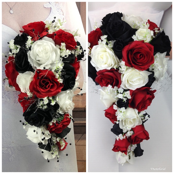 New Artificial Black, Red and White Wedding Flowers,  Red, Black and White Bridal Bouquet, Red Black White Brides Bouquet