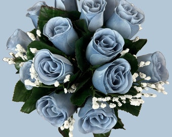 Dusty Blue Rosebuds Fake Dusty Blue Rose Bunch 14 Blue Rose Buds for Wedding Arrangements Dusty Blue Roses for Home Decor Blue Faux Roses