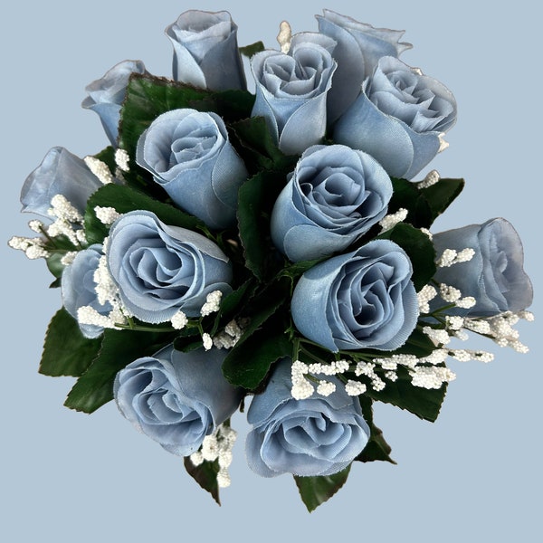 Dusty Blue Rosebuds Fake Dusty Blue Rose Bunch 14 Blue Rose Buds for Wedding Arrangements Dusty Blue Roses for Home Decor Blue Faux Roses