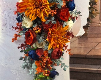 Artificial Navy, and Rust Fall in Love Bridal Bouquet Set, Rust Bridal Flowers,  Navy Wedding Flowers, Rust Fall Bridal Bouquet