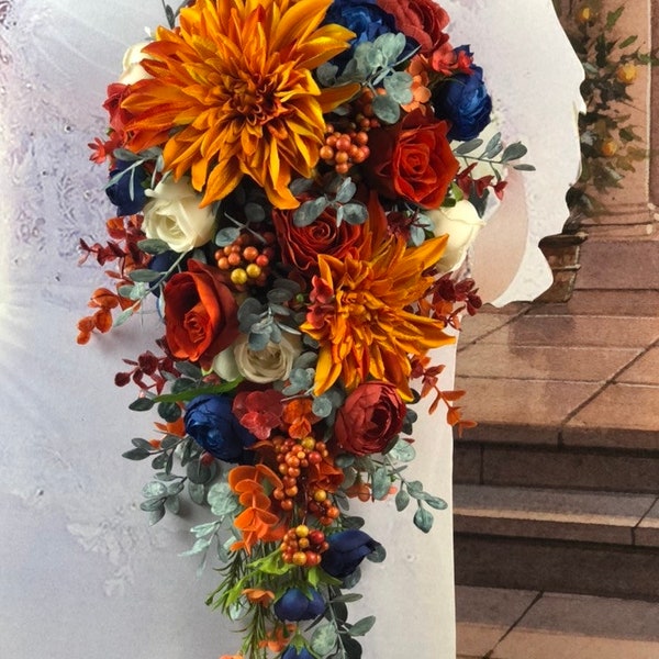 Artificial Navy, and Rust Fall in Love Bridal Bouquet Set, Rust Bridal Flowers,  Navy Wedding Flowers, Rust Fall Bridal Bouquet