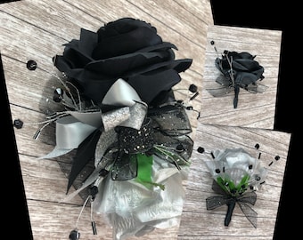 Black and Silver Prom Corsage Set, Black and Silver Corsage, Silver Boutonniere, Black Bout