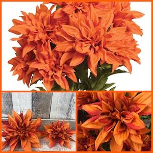 Burnt Orange Flowers, Burnt Orange Silk Flowers, Orange Fake Dahlias, Artificial Burnt Orange Flowers, 7 Dahlia Blooms, 19" in Height