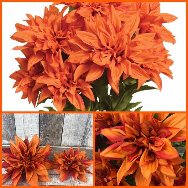 Burnt Orange Flowers, Burnt Orange Silk Flowers, Orange Fake Dahlias, Artificial Burnt Orange Flowers, 7 Dahlia Blooms, 19" in Height