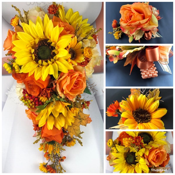 Fall in Love Künstliches Sonnenblumen-Brautstrauß-Set, Herbst-Sonnenblume-Brautblumen, orange Sonnenblume-Hochzeitsblumen