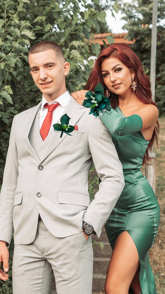 boutonniere for green dress Emerald Green and Gold Dahlia Boutonniere main image 0