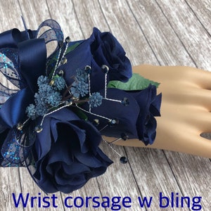New Artificial Navy Rose Corsage, Blue Rose Mother's Corsage, Navy Boutonniere, Navy Prom Bout, Navy Prom Corsage Bling Wrist Corsage