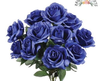 Royal Blue Roses, Artificial Blue Roses, 12 Royal Roses Bunch, 12 Open Blue Roses, Wedding DIY Rose, 4" Diameter,  Navy Fake Flowers