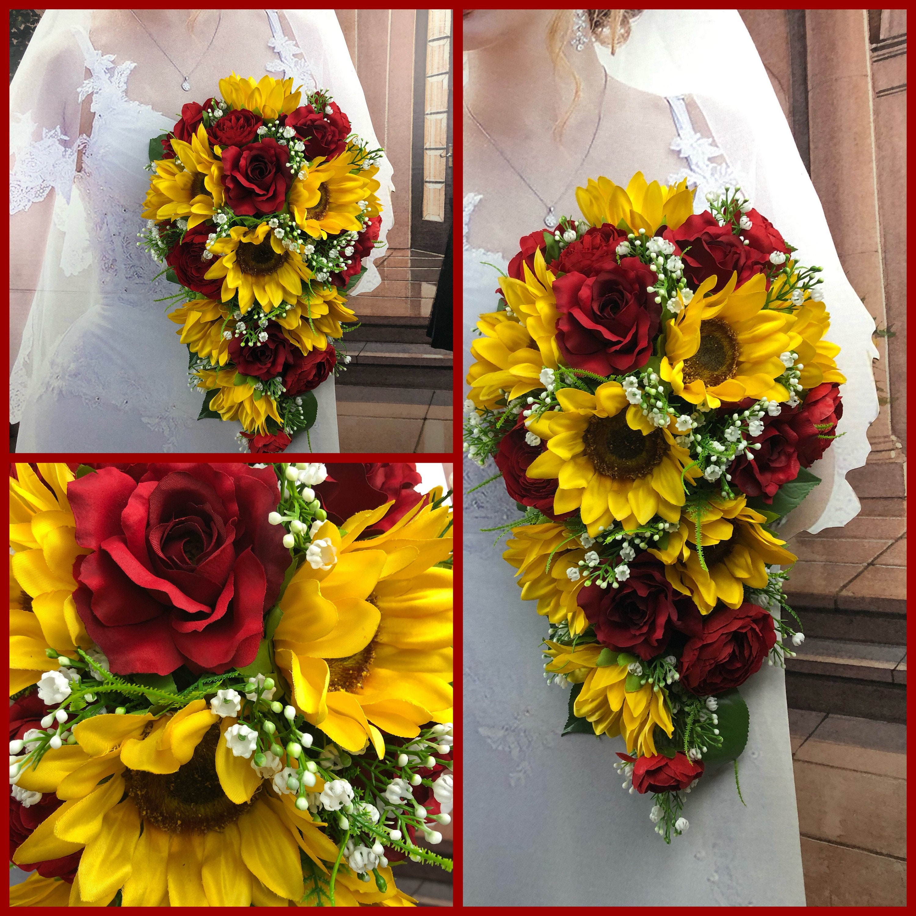 Artificial Red Rose Sunflower Bridal Bouquet Set Sunflower | Etsy