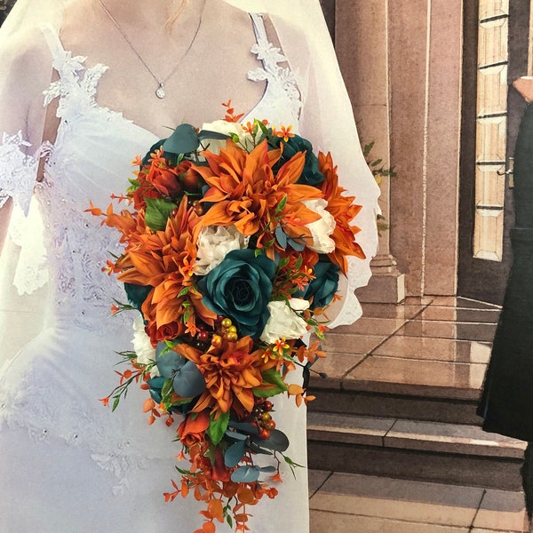 Artificial Burnt Orange and Teal Bridal Flowers, Orange and Teal Bridal Bouquets, Rust and Teal Wedding Flowers