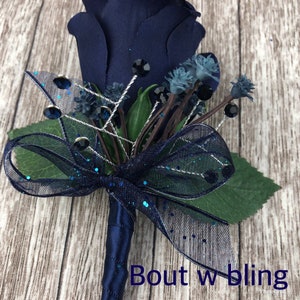 New Artificial Navy Rose Corsage, Blue Rose Mother's Corsage, Navy Boutonniere, Navy Prom Bout, Navy Prom Corsage Bling Boutonniere