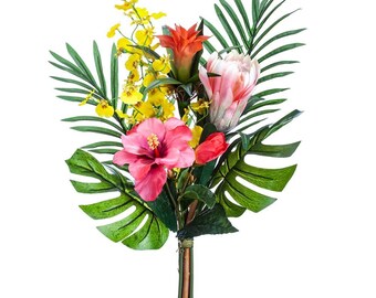 Tropical Brides Bouquet 25" in length Fake Tropical Flowers for Home Decor Ginger Protea Dancing Orchid Hibiscus Bouquet Hawaiian Decor