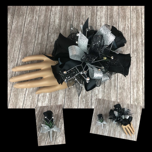 Artificial Silver and Black Rose Corsage Silver and Black Rose Boutonniere Black and Silver Prom Flowers Prom Corsage Black Prom Boutonniere