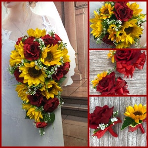 Artificial Red Rose and Sunflower Bouquet Set, Sunflower and Red Rose Bridal Flowers