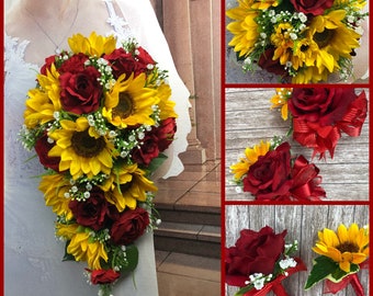 Artificial Red Rose and Sunflower Bouquet Set, Sunflower and Red Rose Bridal Flowers